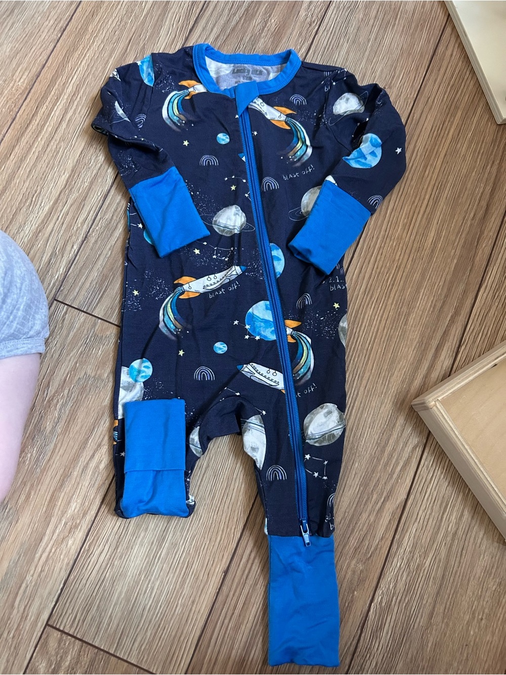 Navy Space-Print Footed One-Piece Pajamas with Blue Trim